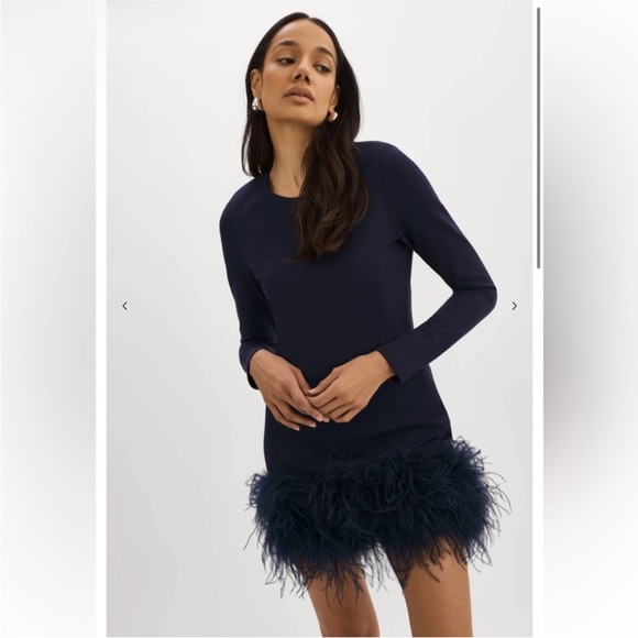 Lamarque Dresses & Skirts - Lamarque Feather Bahira Hem Navy Blue Mini Dress Contour Stretch Long Sleeve S